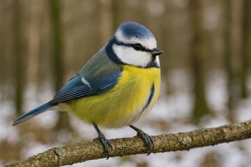 Fototapeta premium Winter scene featuring a Eurasian Blue Tit in a forest setting