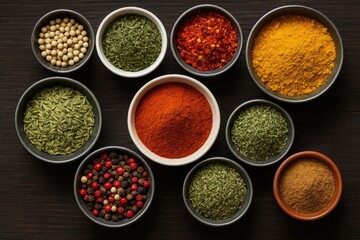 Vibrant and aromatic spices displayed in metal and ceramic containers on a dark wooden surface