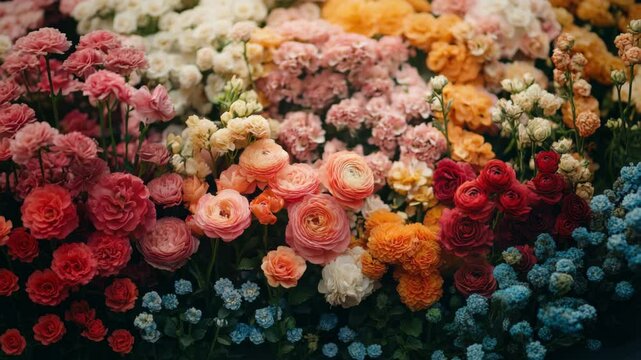 Colorful ranunculus, rose, and forget me not flowers in full bloom create vibrant, cheerful floral arrangement with pink, orange, red, and white blossoms, evoking joy and beauty in lush garden scene