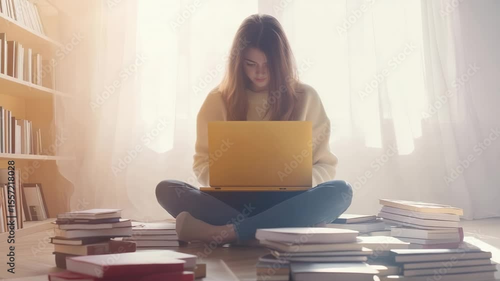 Poster female student sitting on the floor at home, surrounded by books and studying intently on her laptop