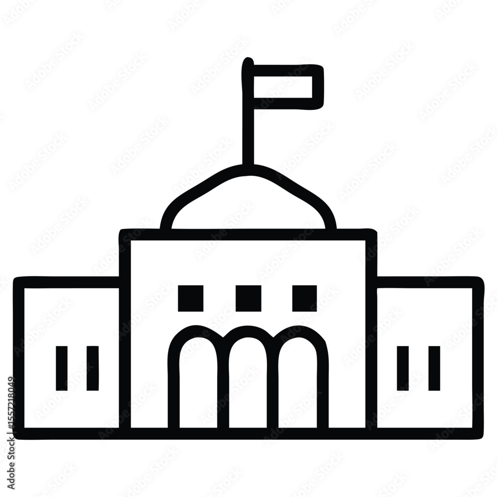 Poster government building icon with flag in simple outline style