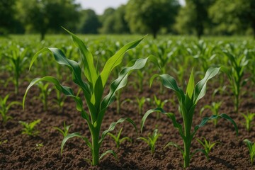 Obraz premium Close-up of lush green corn leaves and emerging sprouts in a garden setting, with harvest in progress