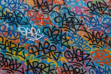 Urban wall covered with vibrant graffiti tags and abstract artwork