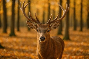 Fototapeta premium Close-up of a deer's antlers with a young deer strolling through a sunlit autumn woodland