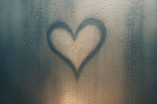 A soaked heart pressed against a steamy, foggy window with droplets of water, symbolizing love amidst rainy weather. Embrace happiness and affection despite the storm outside.