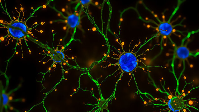 Three-dimensional fluorescence micrograph of hepatic stellate cells in the liver sinusoids, with vitamin A droplets glowing gold, actin filaments in green, and nuclei in blue, and cine depth of field 