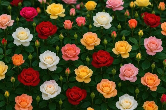 Vividly colored roses in full bloom and budding stages