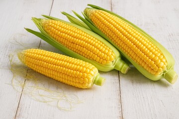 Fresh corn displayed on a rustic white wooden surface for a healthy summer meal
