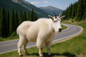 Fototapeta premium Mountain goat in Colorado with a roadway behind it
