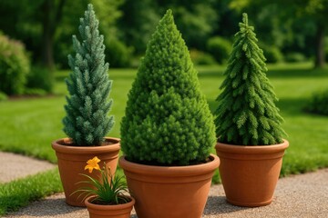 Outdoor ceramic pots filled with coniferous plants
