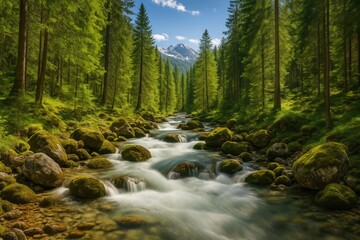 Obraz premium Springtime in the Alpine Mountains: A Long Exposure of a Forest Creek
