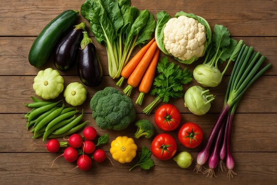 Variety of fresh local vegetables displayed on a rustic wooden surface for organic cuisine