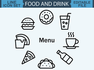 Minimalist food icons, black and white line drawings, café and bakery items, croissant, potted plant, milk bottle, drink cup, bowl, cocktail glass, hot dog, coffee cup, baguette, to-go cup, mug 