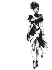 Fototapeta premium young lady in fashion dress ink sketch decorative element wth white area for insertion