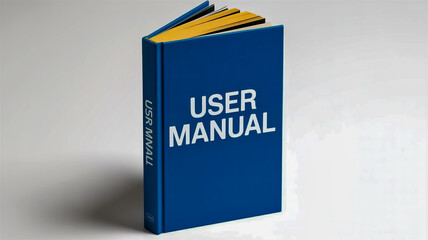 A professional product photo of a royal blue hardcover user manual standing upright on white background with clean minimalist lighting