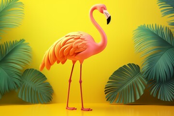 Pink flamingo is standing amidst tropical leaves on a vibrant yellow background, creating a summery and exotic scene