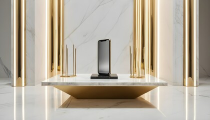 A tech concept gallery with a glowing smartphone embedded inside a clear cylindrical column