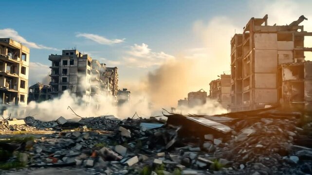 Devastated Urban Landscape Showing Destroyed Buildings with Smoke and Rubble during Golden Hour