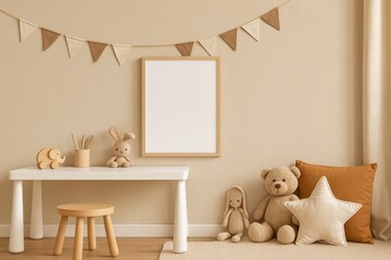 Obraz na płótnie Canvas Inviting children's room decor featuring a framed poster, textured beige walls, a white desk and stool, soft pillows, cuddly plush toys, festive wall garland, and personal touches.