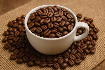 Fototapeta premium Close-up of a sack filled with coffee beans and a cup resting on top