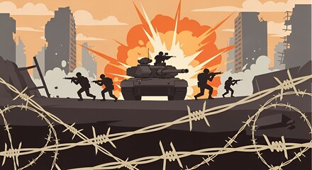 Silhouetted Soldiers in War Zone with Tank and Explosion