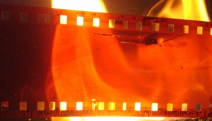 Old 35mm film on fire close up. Flammable celluloid film. Vintage. Twentieth century photography