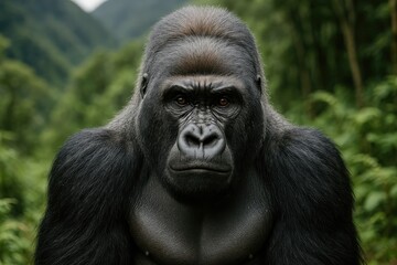 Fototapeta premium The metallic silver gorilla's face amidst natural surroundings, a wild primate resembling a monkey.