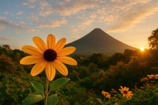 Fototapeta Sunrise over a volcanic landscape with blooming flowers and lush leaves