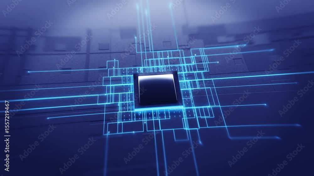 Poster abstract animation of a futuristic microchip with glowing blue lines representing data transfer and 