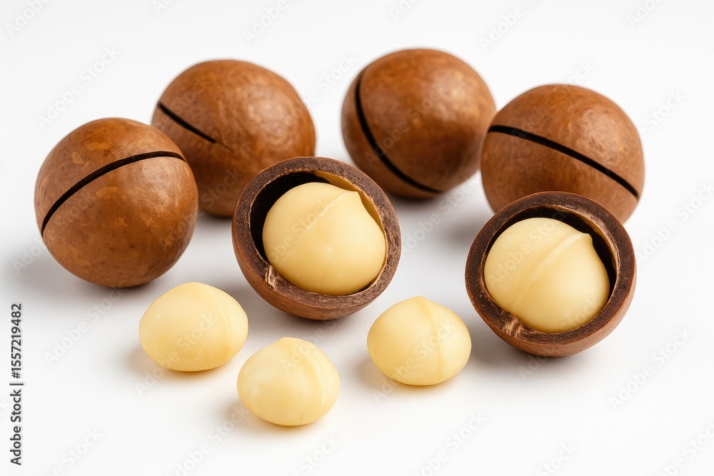 Poster creamy macadamia nuts with kernels displayed on a plain white surface