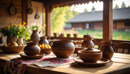 European folklore cottage. Traditional central European countryside. Lunch on the garden