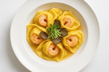 Seafood ravioli topped with black truffle and fresh sprouts on a white dish from a top-down perspective