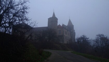 mysterious castle in the fog at dusk, gothic background, romanticism, medieval Europe 