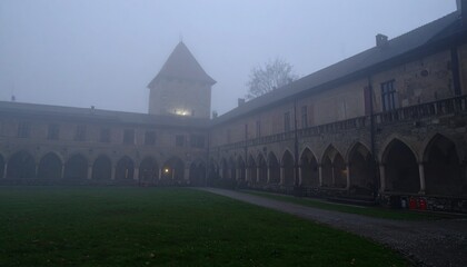 mysterious castle in the fog at dusk, gothic background, romanticism, medieval Europe 