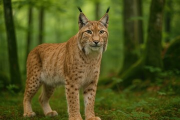 Fototapeta premium Wild Eurasian Lynx roaming the Bavarian Forest in Germany, reintroduced in the 1990s