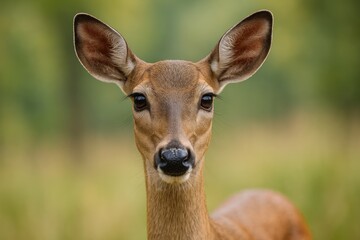 Fototapeta premium Detailed view of a female deerâ€™s face showcasing striking eyes, elongated eyelashes, and large ears against a soft-focus background