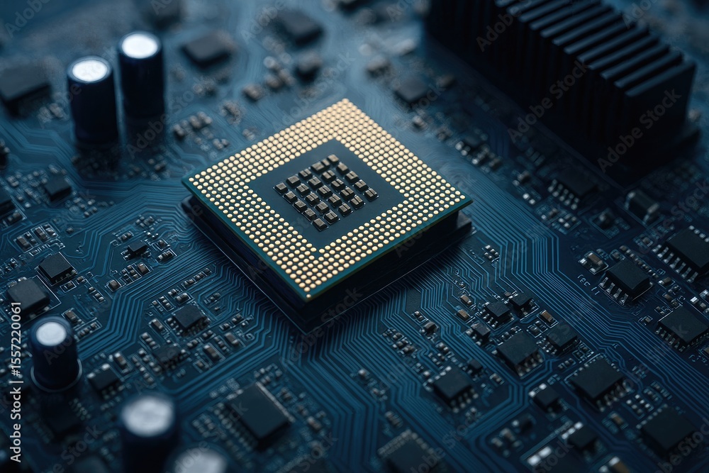 Aufkleber detailed view of electronic parts on a circuit board with a focus on the microprocessor