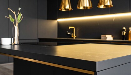 empty black counter top in a luxurious minimalistic kitchen, contemporary style, modern house for sale