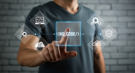 Person touching a digital interface displaying no code development and technology icons like ai and cloud computing