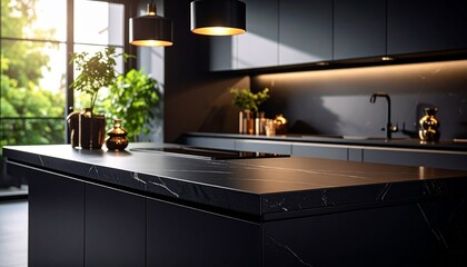 empty black counter top in a luxurious minimalistic kitchen, contemporary style, modern house for sale