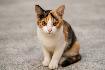 Adorable tiny calico feline resting on an outdoor concrete surface, with a focus on its eye