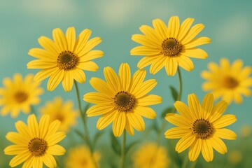 Obraz premium Detailed shot of vibrant yellow blossoms against lush green foliage