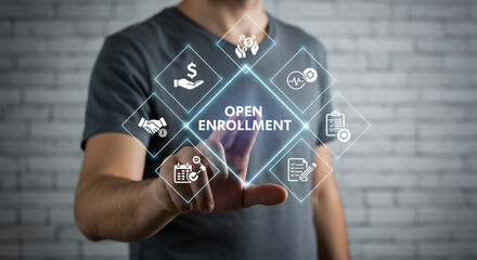 Man s hand touching a digital interface displaying open enrollment with icons for finance health and planning