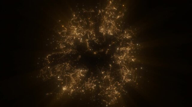 4k 3D explosion animation of golden spark particles softly bursting and forming light on a dark background. Ideal for elegant festive designs, New Year and luxury event visuals.