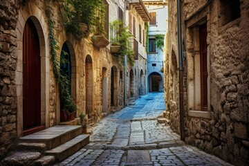 Fototapeta premium Quaint european alley with cobblestone pavement and stone buildings showing the charm of an old town