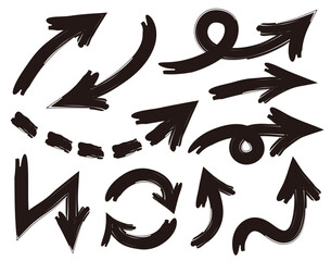 手描きの矢印のセット。グランジ、落書き、筆風の矢印。ベクターアイコン。色んな種類のカーソル。