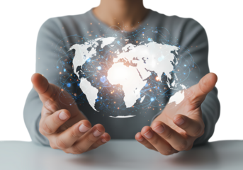 Global Connection Hands Gently Holding a Luminous World Map isolated on transparent background
