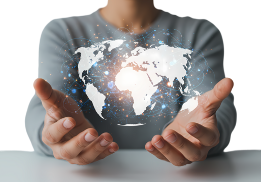 Global Connection Hands Gently Holding a Luminous World Map isolated on transparent background