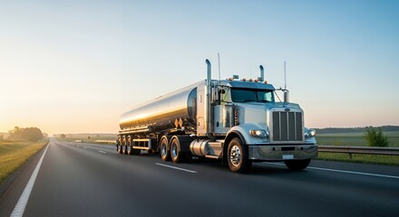 Truck Silver Tanker Driving on Asphalt Road at Sunset