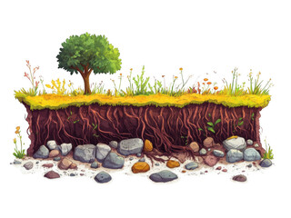 Nature cutout illustration of soil layers with grass and tree on transparent background png format garden environment
